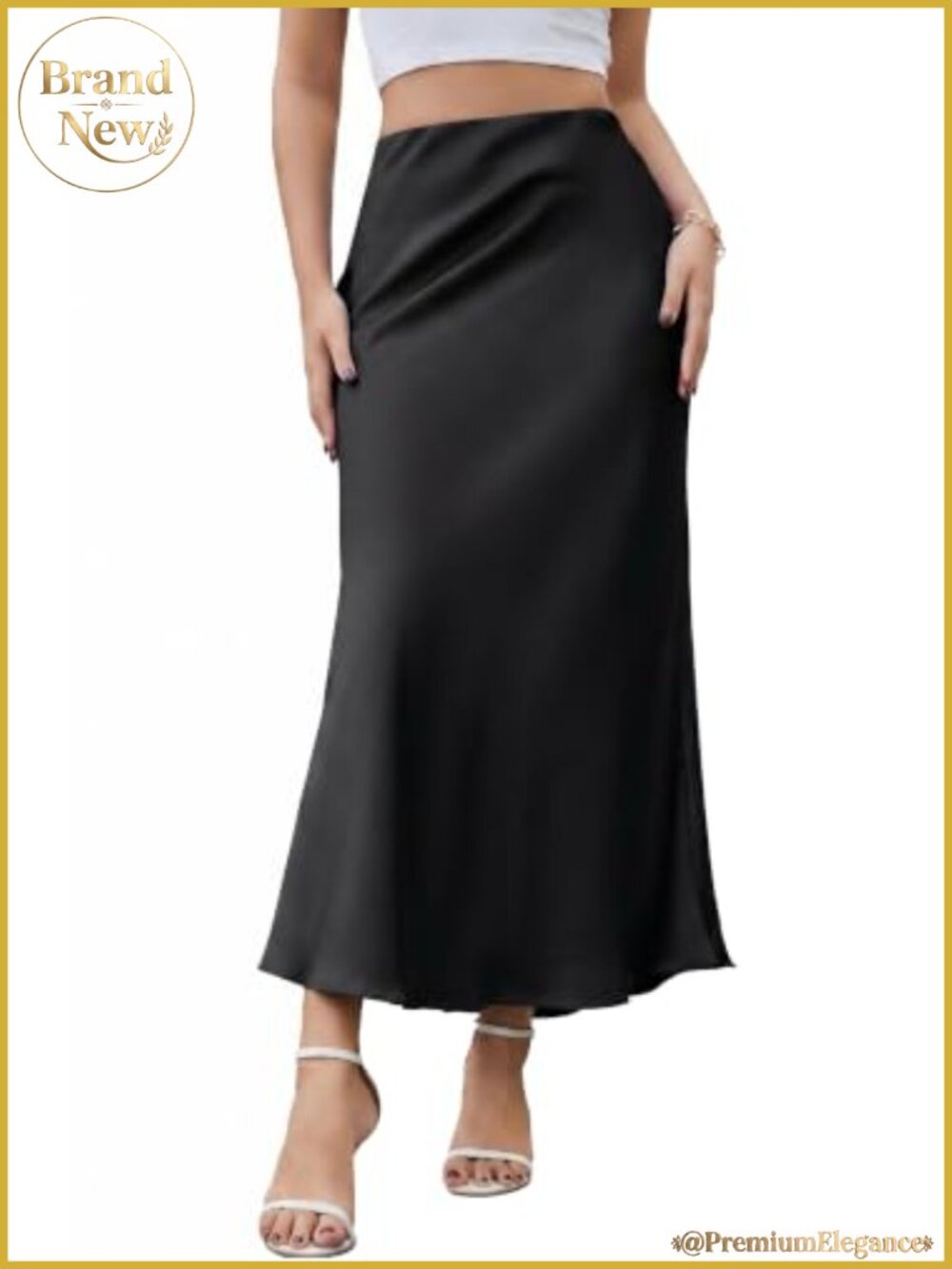 Satin High Waisted A-Line Long Skirt with Adjustable Elastic Band